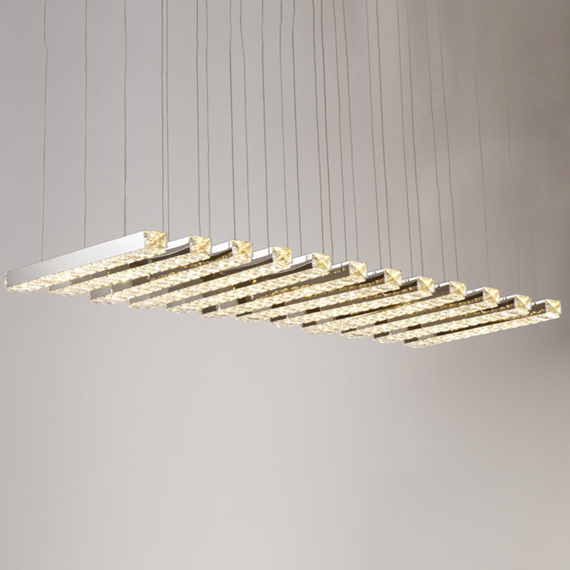 Minimalist Crystal Dining Room Led Pendant Light - Rectangular Chandelier In Stainless-Steel 12 /