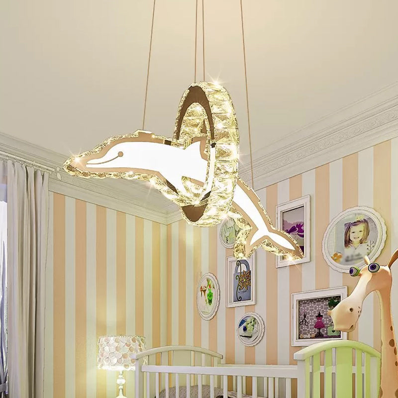 Stainless Steel Led Pendant Light: Crystal Dolphin And Ring Chandelier For Nursery
