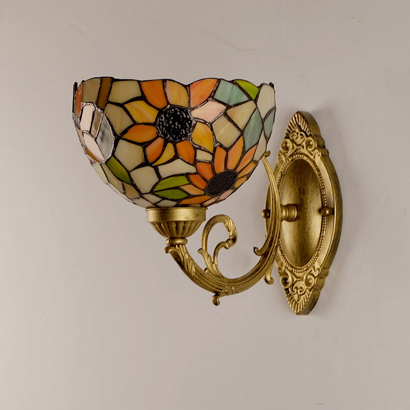 Tiffany Stained Glass Sunflower Wall Light With Gold Mount And Bowl Shade