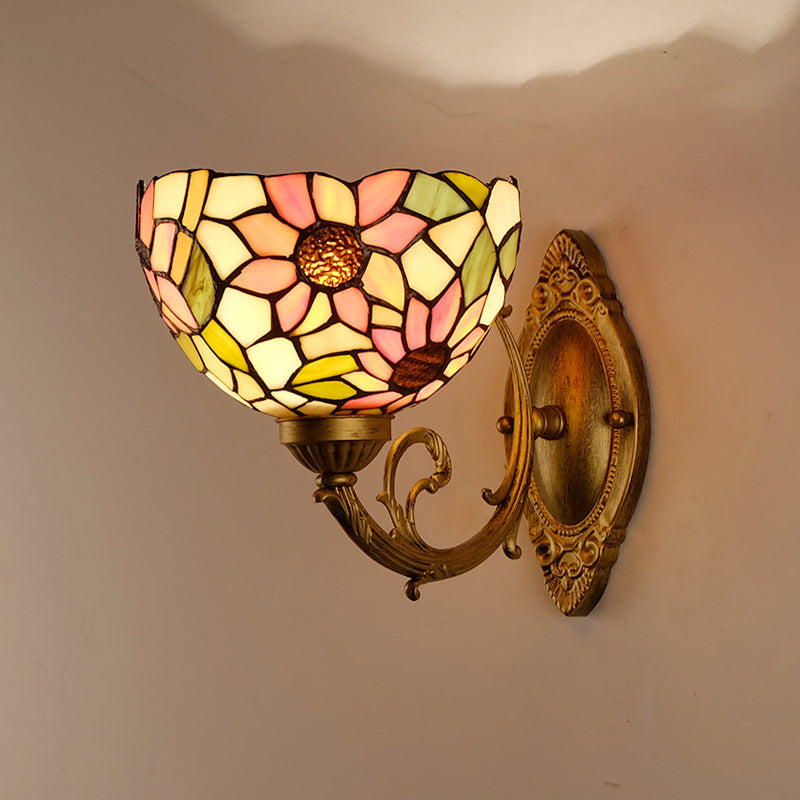 Tiffany Stained Glass Sunflower Wall Light With Gold Mount And Bowl Shade