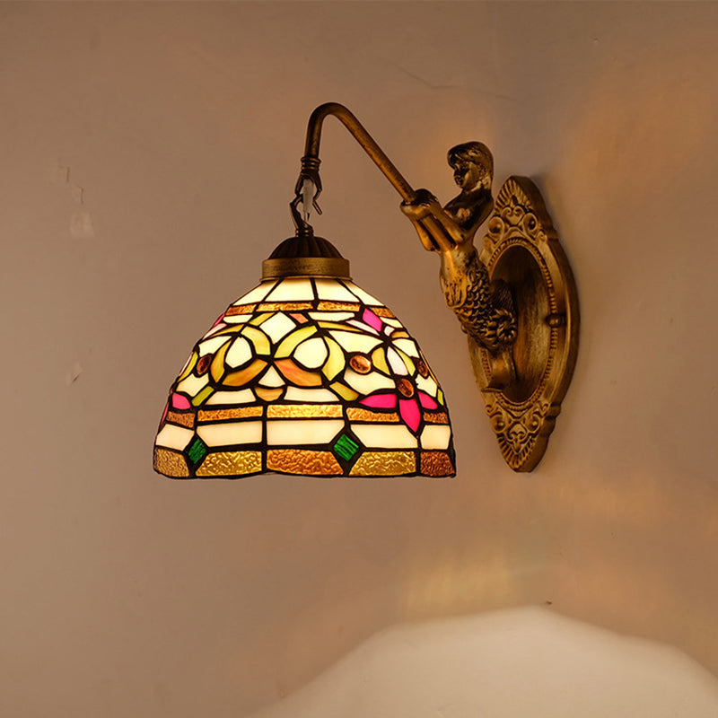 Floral Stained Glass Wall Light Fixture - Decorative Single Gold Mounted Lamp With Dome Shade /