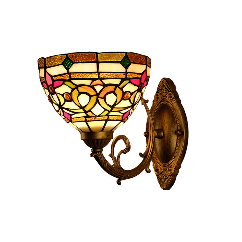 Floral Stained Glass Wall Light Fixture - Decorative Single Gold Mounted Lamp With Dome Shade