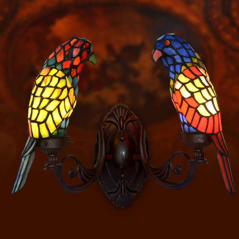 Classic Parrot Stained Glass Wall Light - Single-Bulb Fixture For Living Room