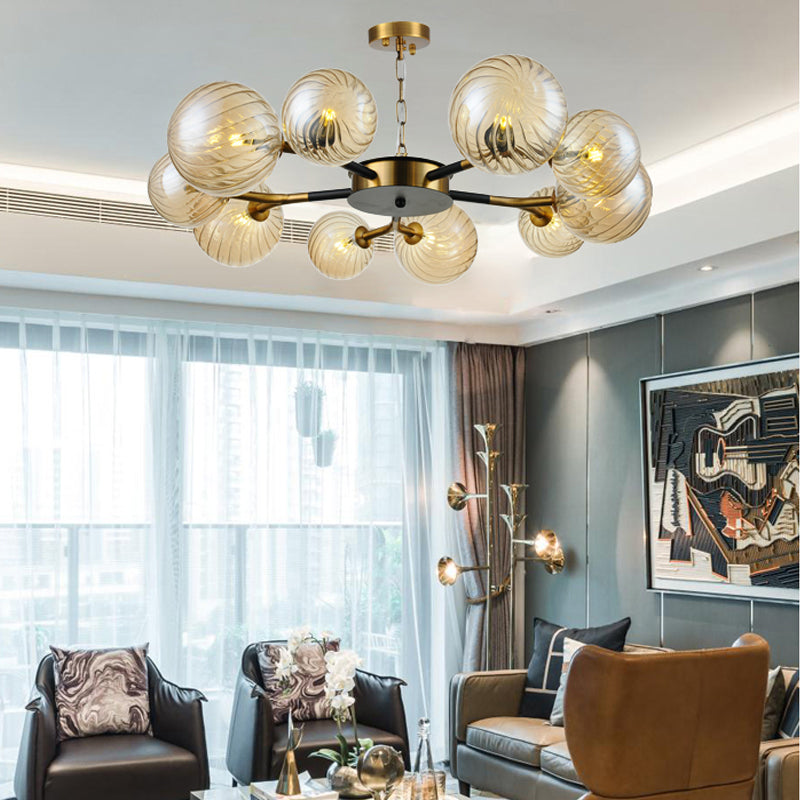 Retro Global Chandelier Pendant Light - Amber Glass 10 Lights Ideal For Living Room