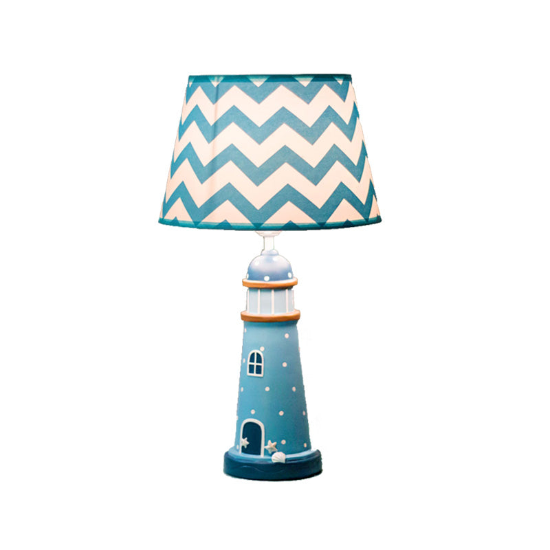 Cartoon Style Fabric Cone Table Lamp 14/18 Wide 1 Light Blue/White Stand Up Resin Tower Base
