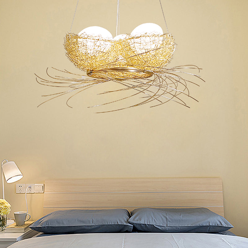 Art Deco White Glass Egg Chandelier Pendant - 3-Light Hanging Ceiling Lamp In Brass And Aluminum