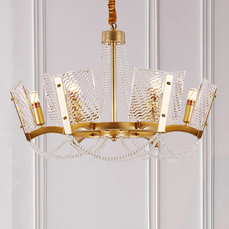 Simplicity Crystal Chandelier with Beaded Pendant - Brass Finish, 6/8 Heads - Ideal for Living Room - Panel Shade Included