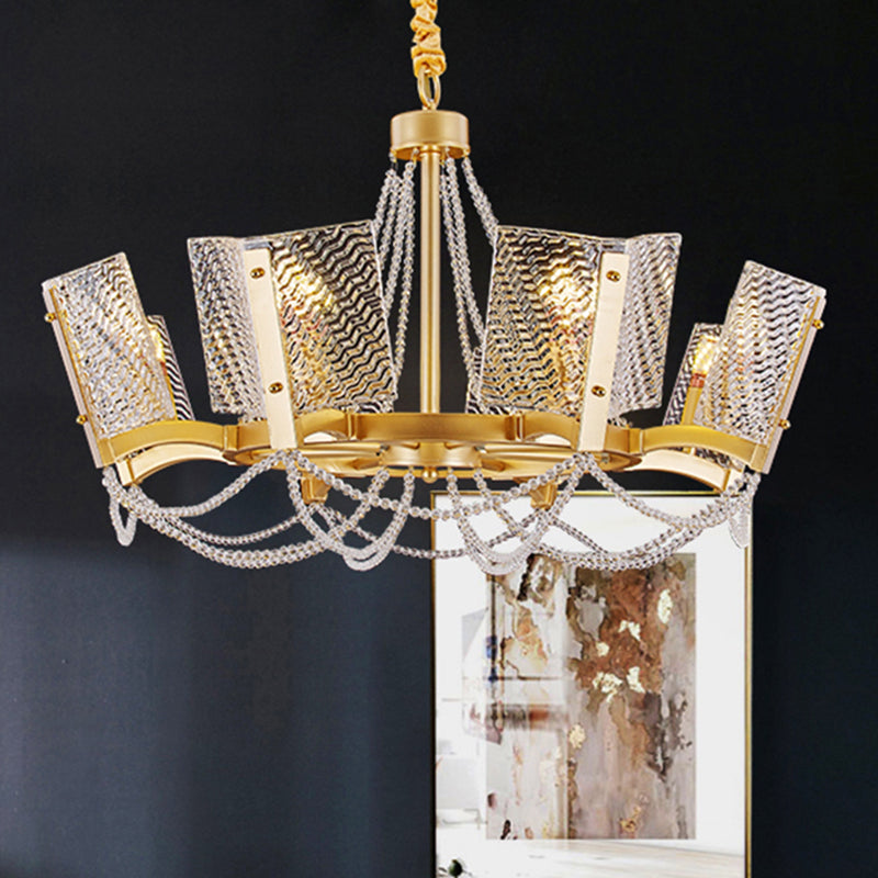 Sleek Beaded Pendant Crystal Chandelier 6/8 Heads Brass Finish Stylish Living Room Hanging Lamp