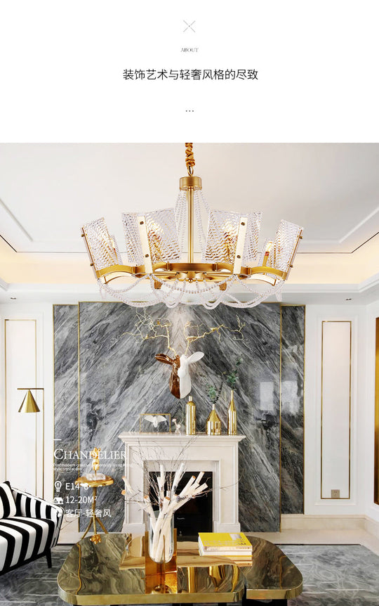 Simplicity Crystal Chandelier with Beaded Pendant - Brass Finish, 6/8 Heads - Ideal for Living Room - Panel Shade Included