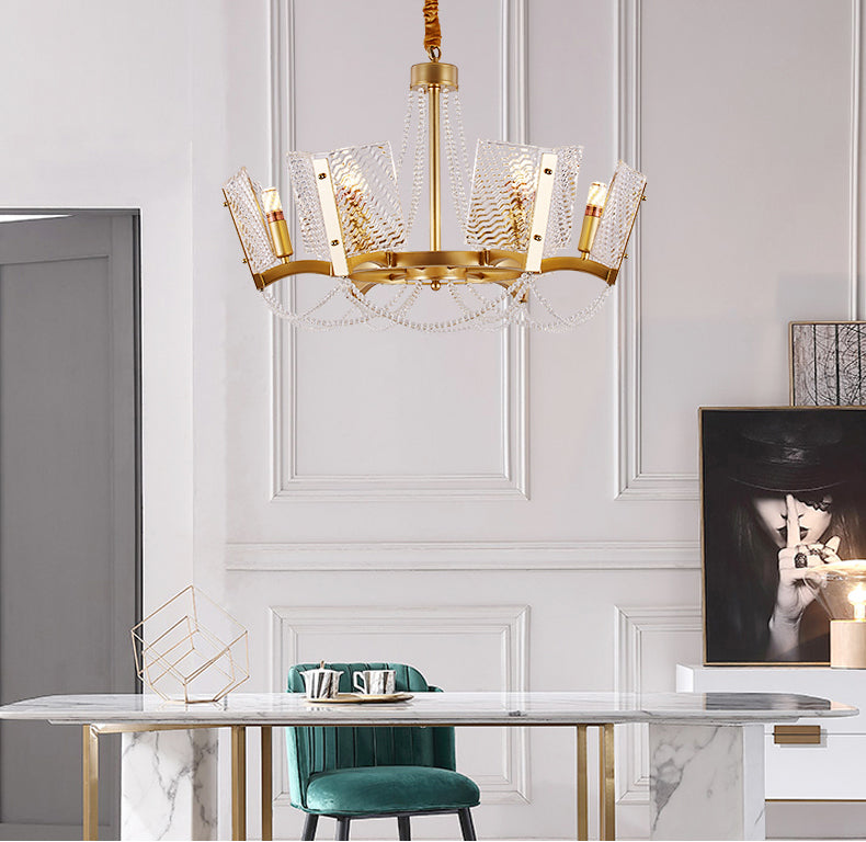 Sleek Beaded Pendant Crystal Chandelier 6/8 Heads Brass Finish Stylish Living Room Hanging Lamp 6 /