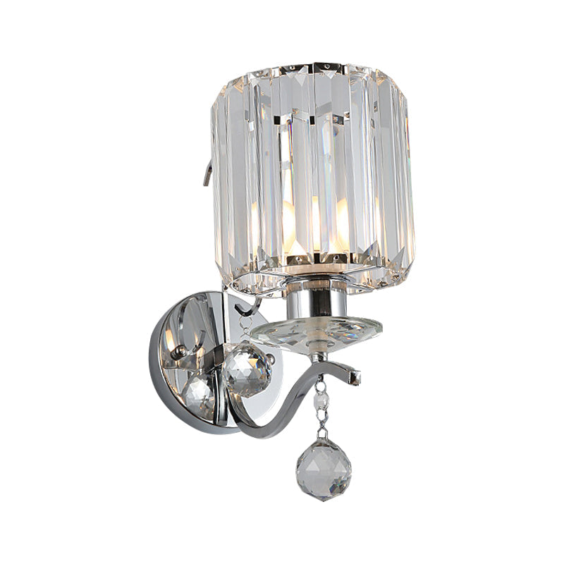 Modernist Chrome Cylinder Wall Sconce With Clear Crystal Orbit Drop - 1 Bulb Lighting