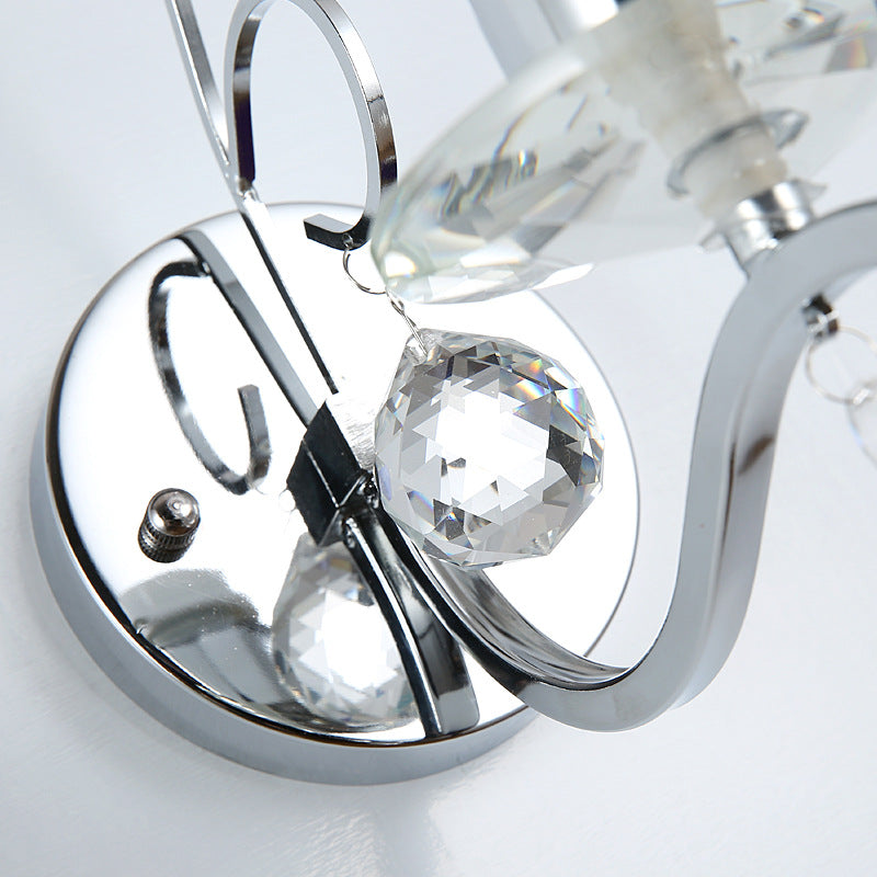 Modernist Chrome Cylinder Wall Sconce With Clear Crystal Orbit Drop - 1 Bulb Lighting