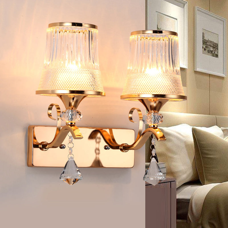 Vintage Bell Sconce Light Fixture Clear Glass Gold Finish Crystal Accent 2 Lights Bedroom Wall Lamp