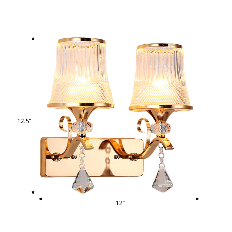 Vintage Bell Sconce Light Fixture Clear Glass Gold Finish Crystal Accent 2 Lights Bedroom Wall Lamp
