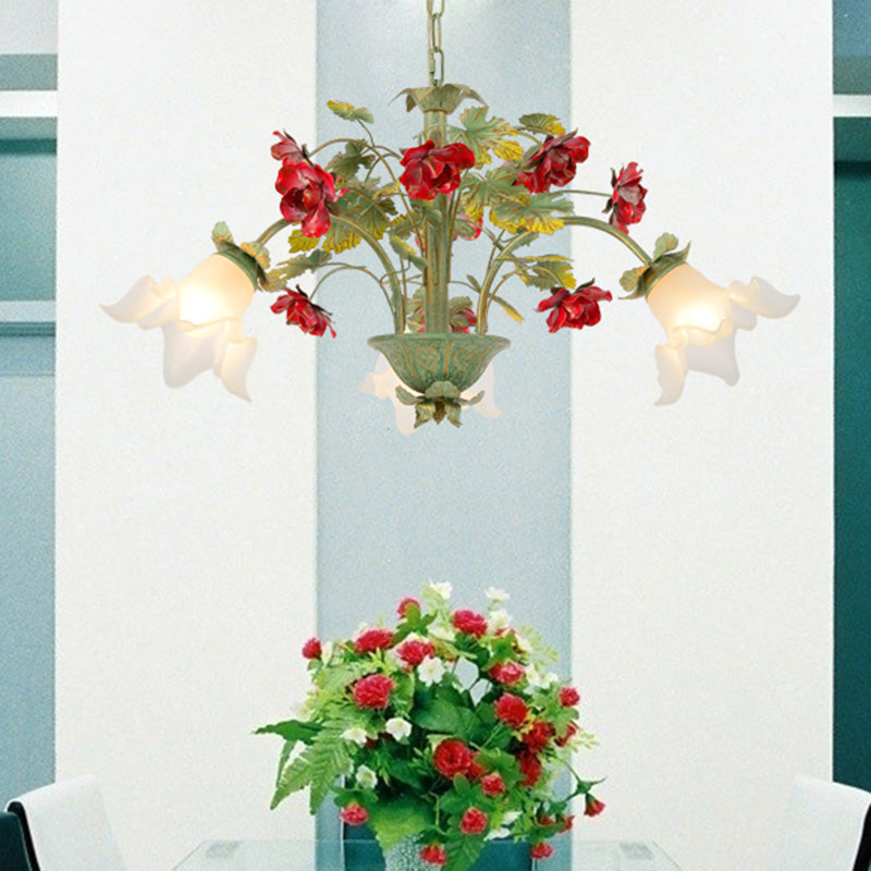 Pastoral Style Cream Glass Flower Chandelier With Green Spread And Multiple Head Options For Dining