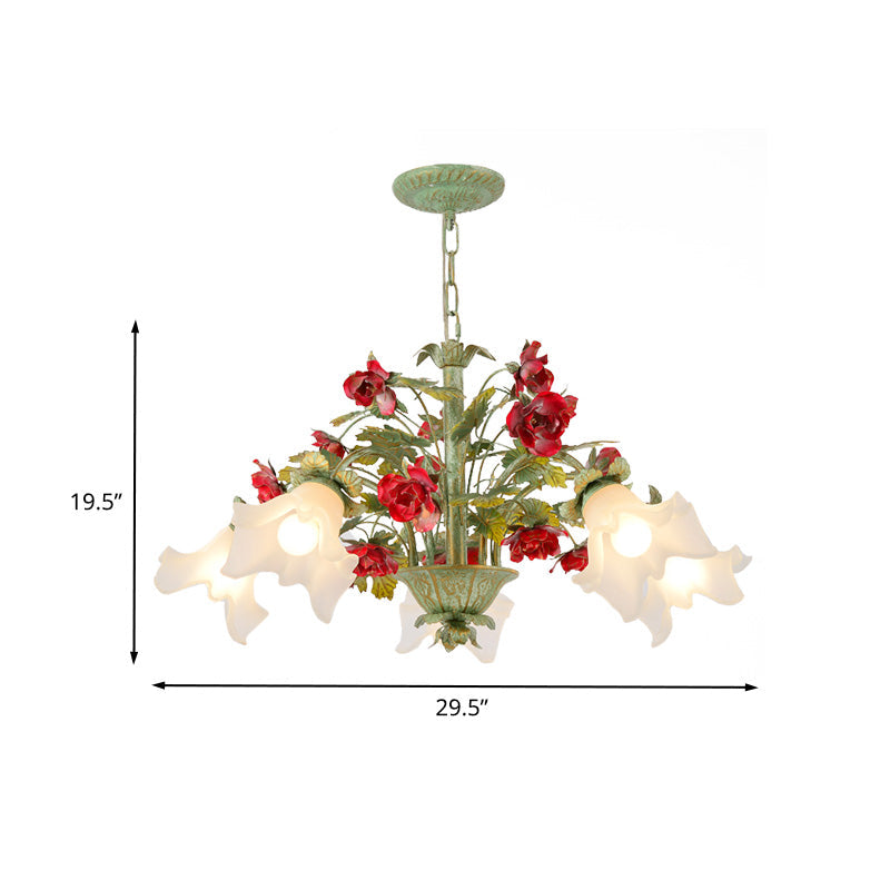 Pastoral Style Cream Glass Flower Chandelier With Green Spread And Multiple Head Options For Dining
