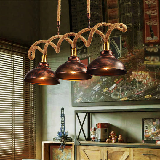 Vintage Rust Finish Dome Island Light Pendant 3-Light Kit With Rope Cord