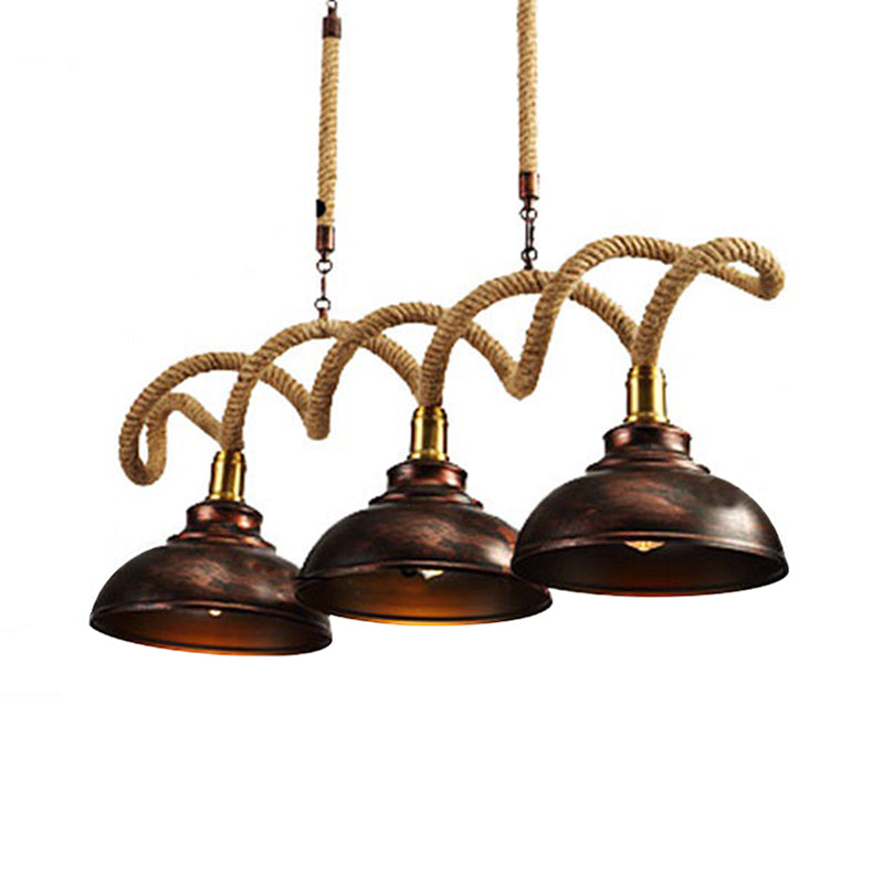 Vintage Rust Finish Dome Island Light Pendant 3-Light Kit With Rope Cord