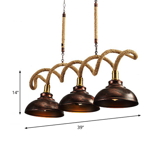 Vintage Rust Finish Dome Island Light Pendant 3-Light Kit With Rope Cord