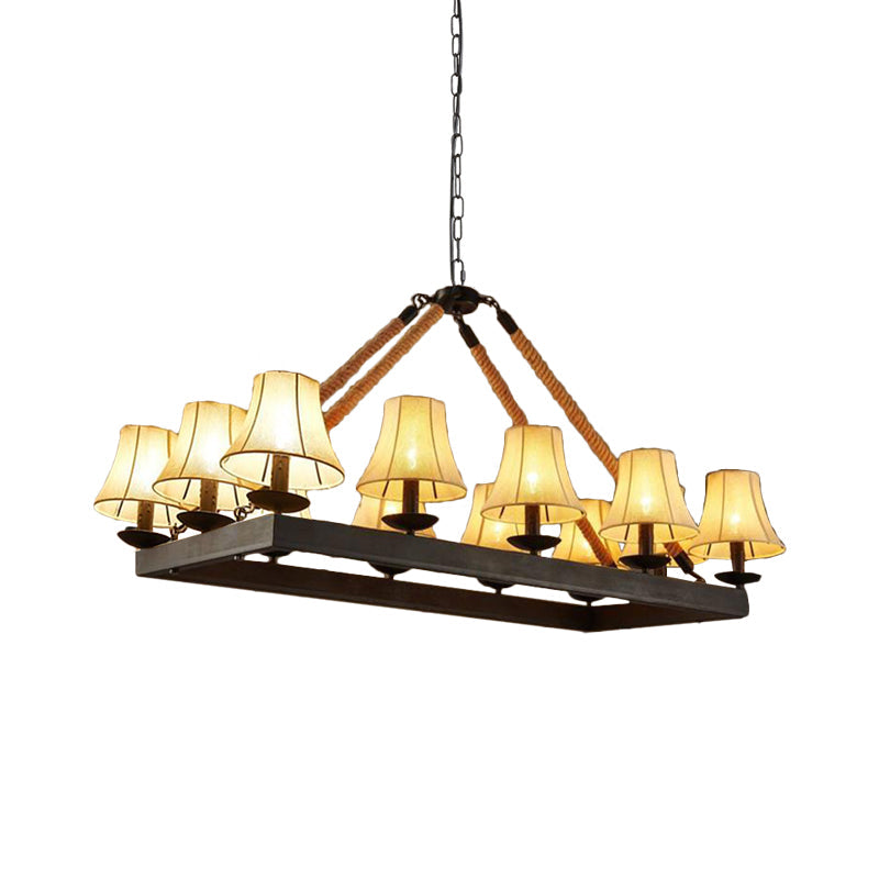 Loft Style Black Fabric Island Lamp With 12 Lights Rope Pendant And Iron Rectangle Frame - Ideal For