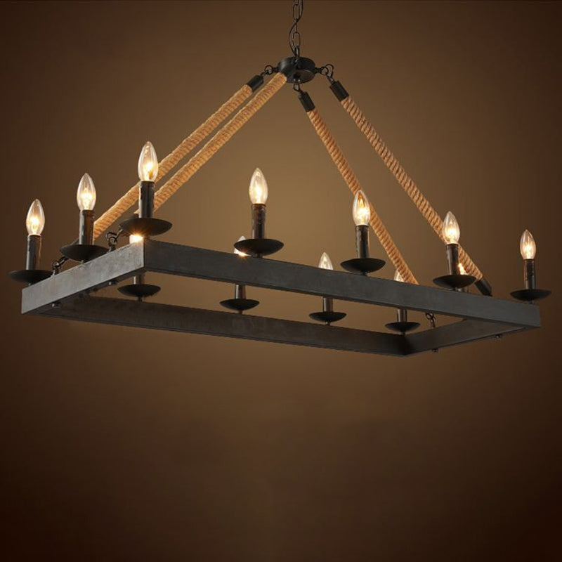10-Head Rope Hanging Island Light: Industrial Metal Lamp In Black With Candle Design