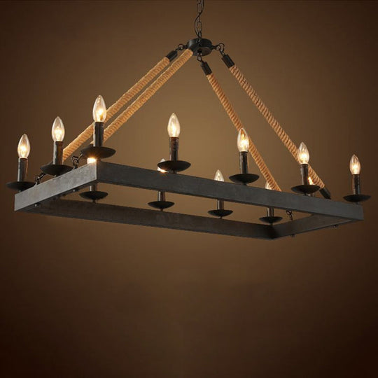 10-Head Rope Hanging Island Light: Industrial Metal Lamp In Black With Candle Design