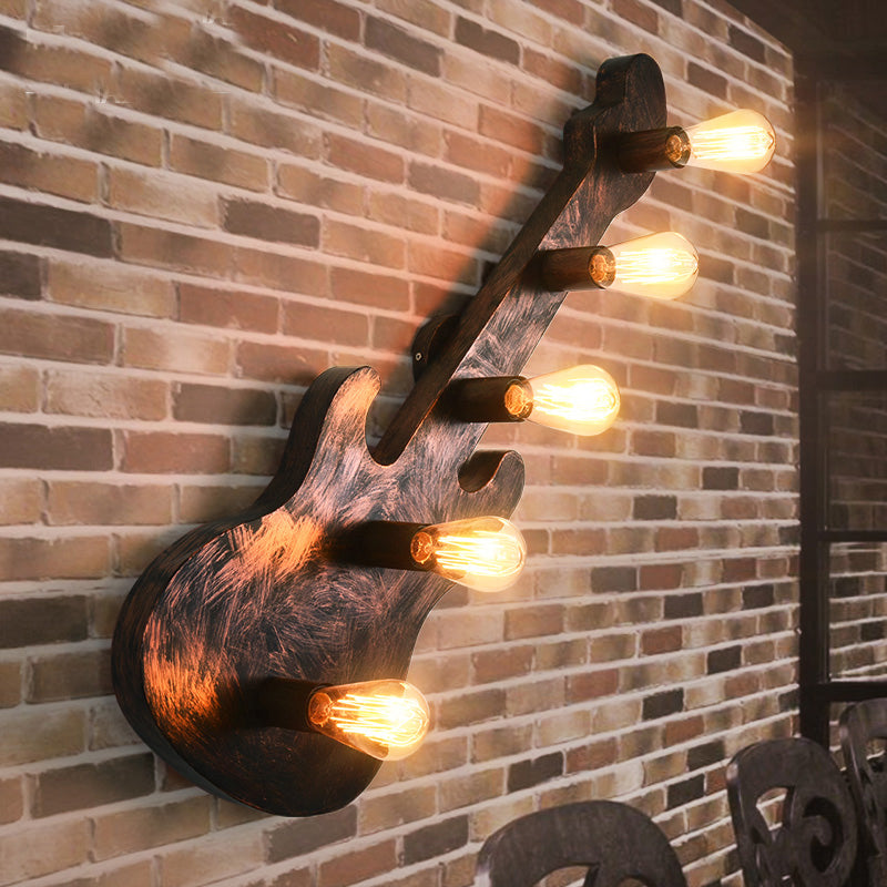 Rustic 5-Light Wall Sconce: Vintage Bare Open Metal Design With Guitar Backplate Rust