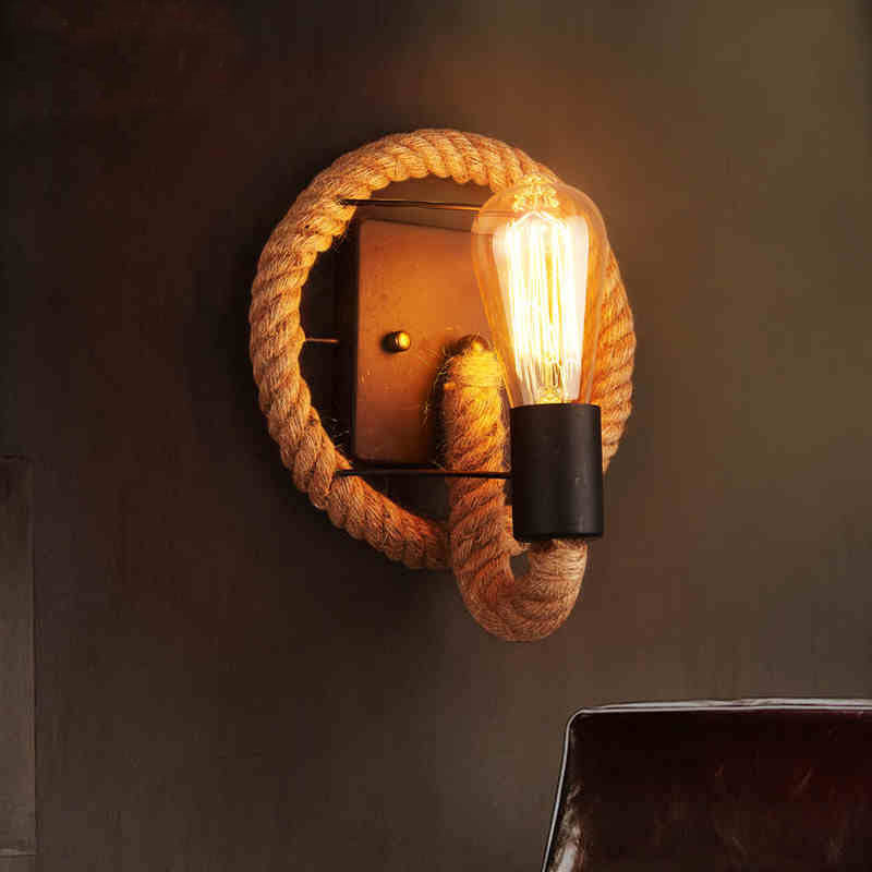 Modern Black 1-Light Rope Wall Sconce For Corridor With Exposed Bulb / Round
