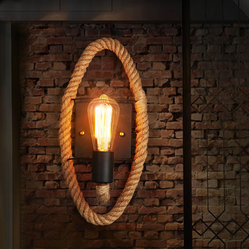 Modern Black 1-Light Rope Wall Sconce For Corridor With Exposed Bulb / Oval