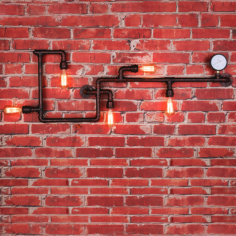 Modern 5-Head Wall Light Fixture: Maze Metallic Sconce In Black/Rust With Open Bulb & Gauge Deco