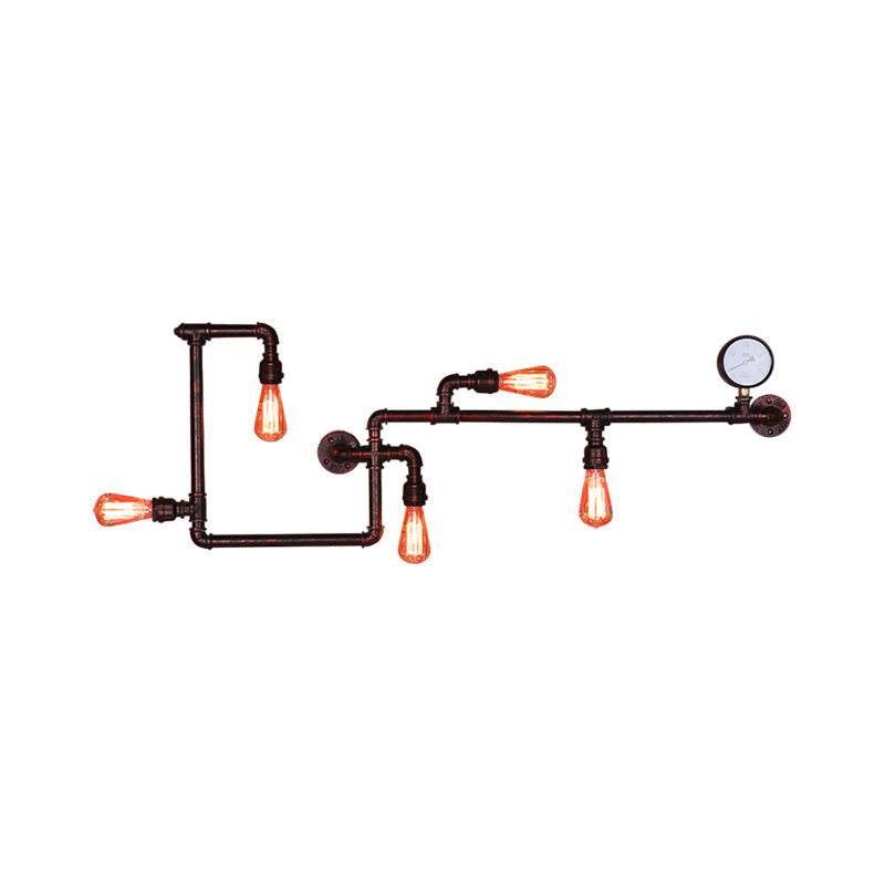 Modern 5-Head Wall Light Fixture: Maze Metallic Sconce In Black/Rust With Open Bulb & Gauge Deco