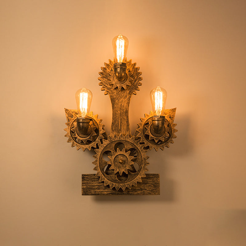 Farmhouse Metal Wall Lamp: Open Bulb Design With 3 Heads Brass Finish Gear & Anchor Backplate -