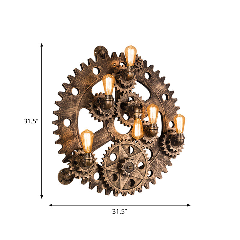 Industrial Iron Gear Wall Mount Sconce With Brass Finish And Exposed Bulb Design - 6 Lights