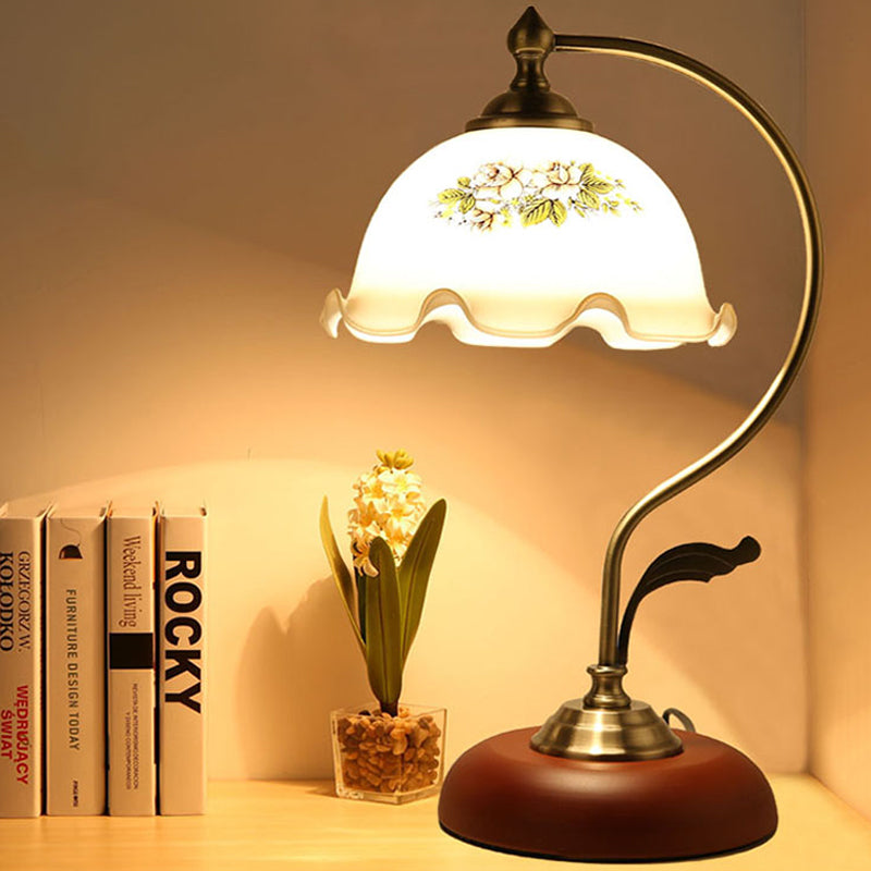 Ivory Glass Scalloped Desk Lamp - Romantic Nightstand Light For Bedroom Red Brown