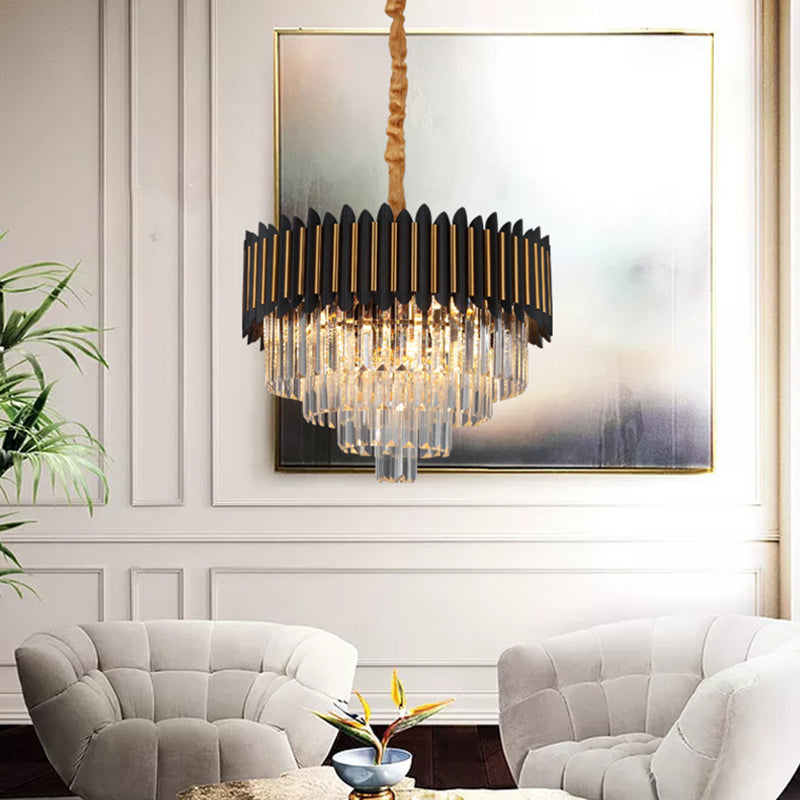 Modern 6/12-Bulb Hanging Chandelier: Black & Gold Pendant Light With Crystal Block Shade 6 /