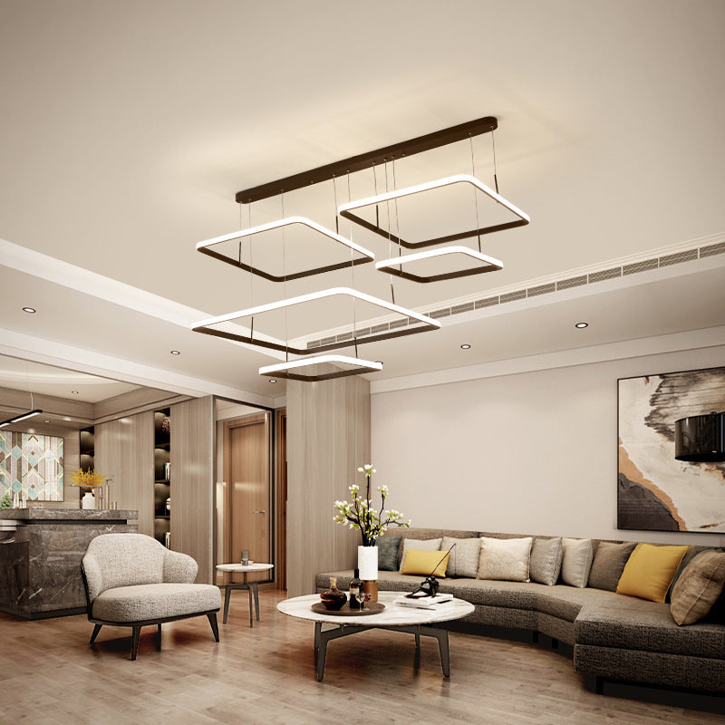 Contemporary 2/3/5-Head Chandelier Lamp - Brown Rectangle Suspension Light With Acrylic Shade In