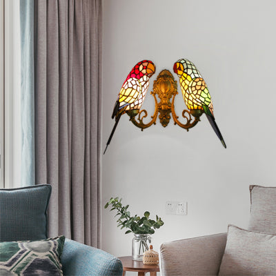 Rustic Loft Stained Glass Parrot Wall Sconce Light With 2 Heads - Brass/Bronze Finish For Foyer
