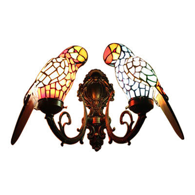 Rustic Loft Stained Glass Parrot Wall Sconce Light With 2 Heads - Brass/Bronze Finish For Foyer