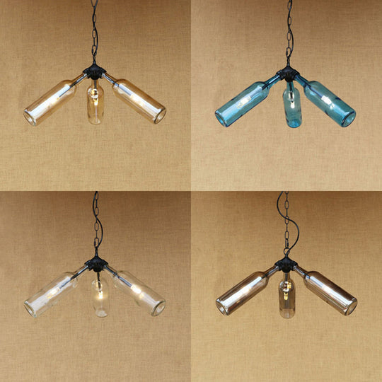 Rustic Blue/Clear Glass Pendant Light Fixture With Chain For Restaurants - 3 Bulbs Bottle Chandelier