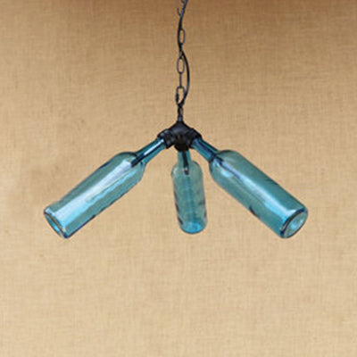 Rustic Blue/Clear Glass Pendant Light Fixture with Chain - Stylish 3 Bulbs Bottle Chandelier Lamp for Restaurants