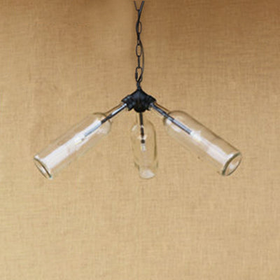 Rustic Blue/Clear Glass Pendant Light Fixture With Chain For Restaurants - 3 Bulbs Bottle Chandelier