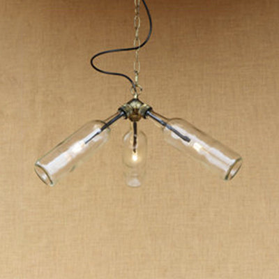 Industrial Style 3-Light Glass Bottle Chandelier with Pipe Design in Black/Clear