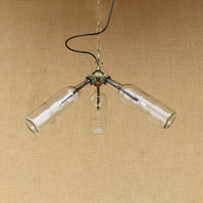 Industrial Glass Bottle Chandelier - 3-Light Hanging Ceiling Light With Pipe Design (Black/Clear)