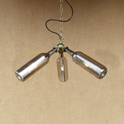 Industrial Style 3-Light Glass Bottle Chandelier with Pipe Design in Black/Clear