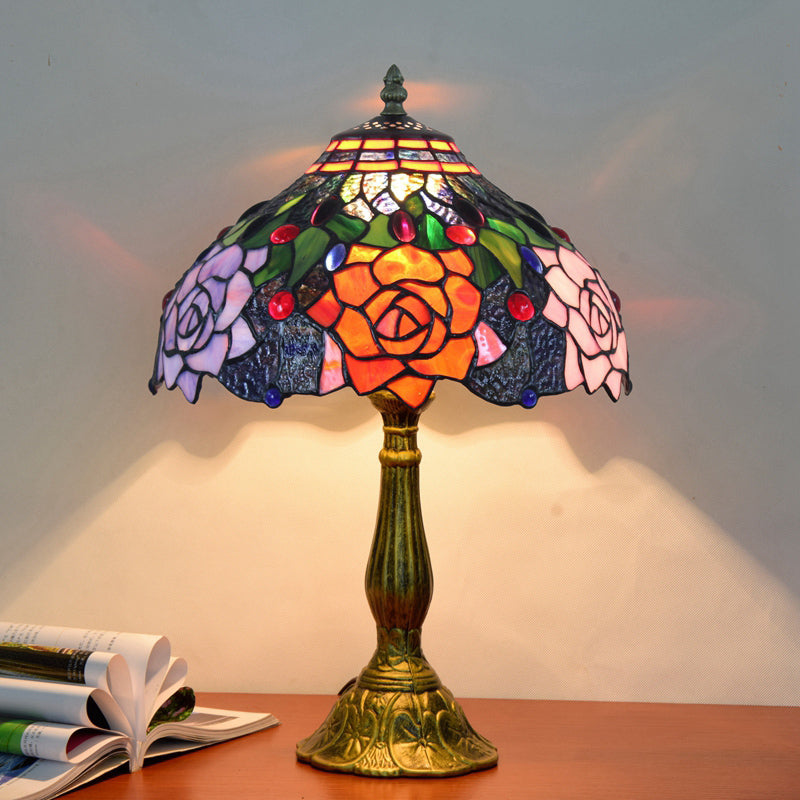 Decorative Stained Glass Dome Shade Table Lamp For Living Room - Nightstand Light Dark Blue