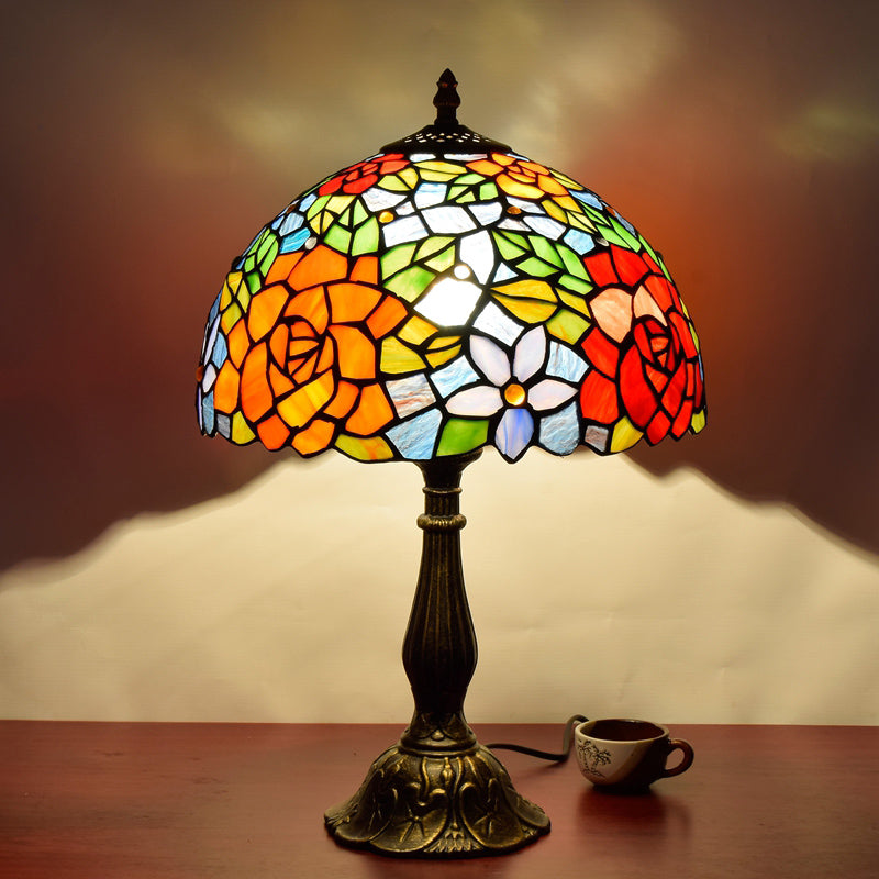 Decorative Stained Glass Dome Shade Table Lamp For Living Room - Nightstand Light Orange Red