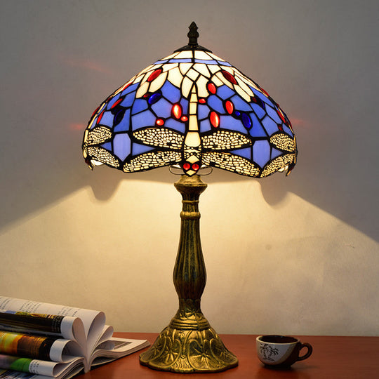 Decorative Stained Glass Dome Shade Table Lamp For Living Room - Nightstand Light Royal Blue