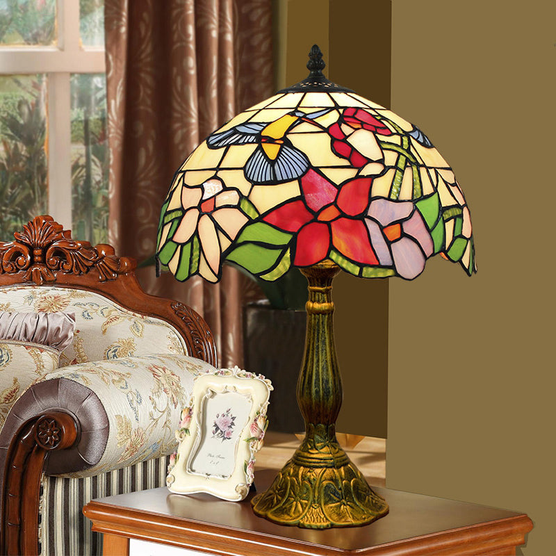 Decorative Stained Glass Dome Shade Table Lamp For Living Room - Nightstand Light Rose Red