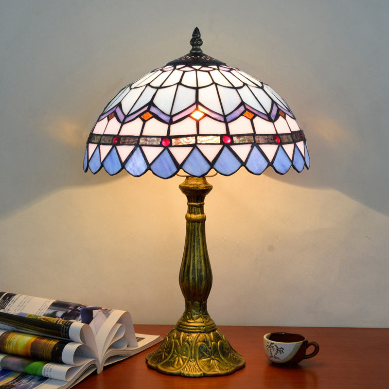Decorative Stained Glass Dome Shade Table Lamp For Living Room - Nightstand Light Blue