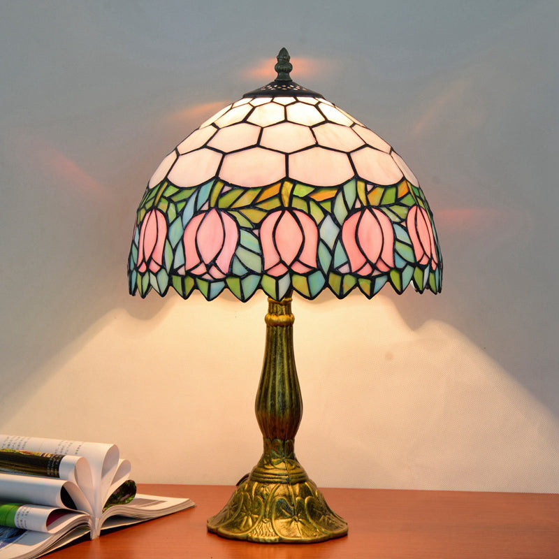 Decorative Stained Glass Dome Shade Table Lamp For Living Room - Nightstand Light Pink